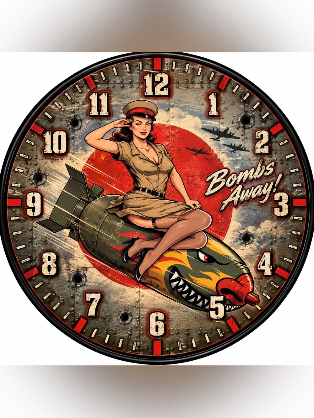 Vintage Pin-Up Bombs Away Wall Clock Decor - Red, Tan, Black